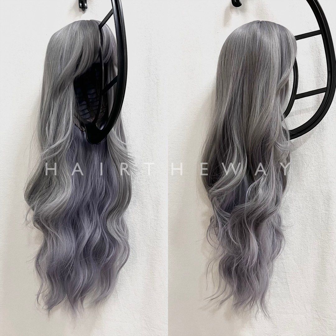 YUMI Lilac Ash Grey Long Hair Wig Bangs Fringe Loose Korean Perm Cosplay