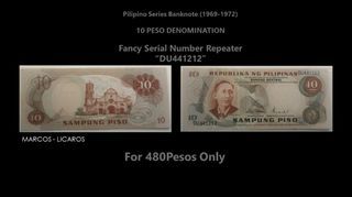 10 PESO Pilipino Series Banknote Fancy Serial Number Repeater “DU441212”