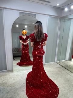 紅色亮片魚尾拖尾禮服