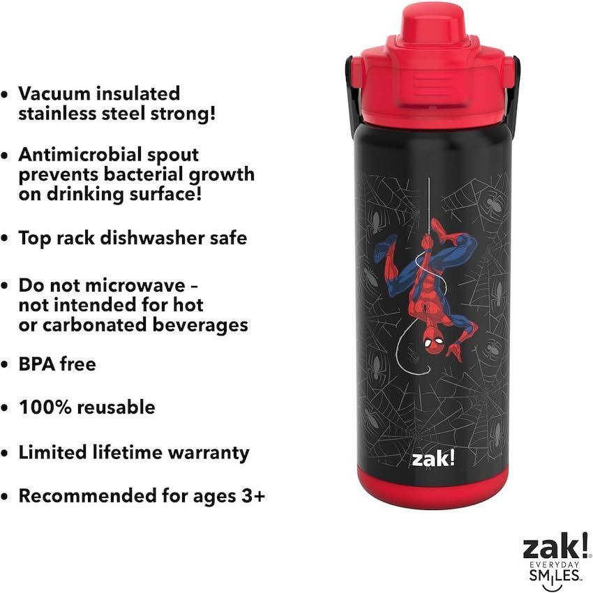 Zak Designs 20oz Stainless Steel Kids' Water Bottle with Antimicrobial Spout 'MARVEL Spider-Man