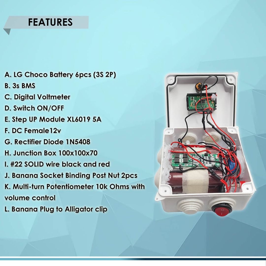 ADJUSTABLE POWER SUPPLY VOLTAGE STEP UP (11.5V-39.5V), VARIABLE POWER SUPPLY VOLTAGE REGULATOR (Category: Cables & Adaptors) located in Quezon City. Submitted by besteinpc (Listing ID 1260674441, Image 2). Description: ADJUSTABLE POWER SUPPLY VOLTAGE STEP UP (11.5V-39.5V), VARIABLE POWER SUPPLY VOLTAGE REGULATOR FEATURES: 👉a. LG Choco Battery 6pcs (3S 2P) 👉b. 3s BMS 👉c. Digital Voltmeter 👉d. Switch ON/OFF 👉e. Step UP Module XL6019 5A 👉f. DC
