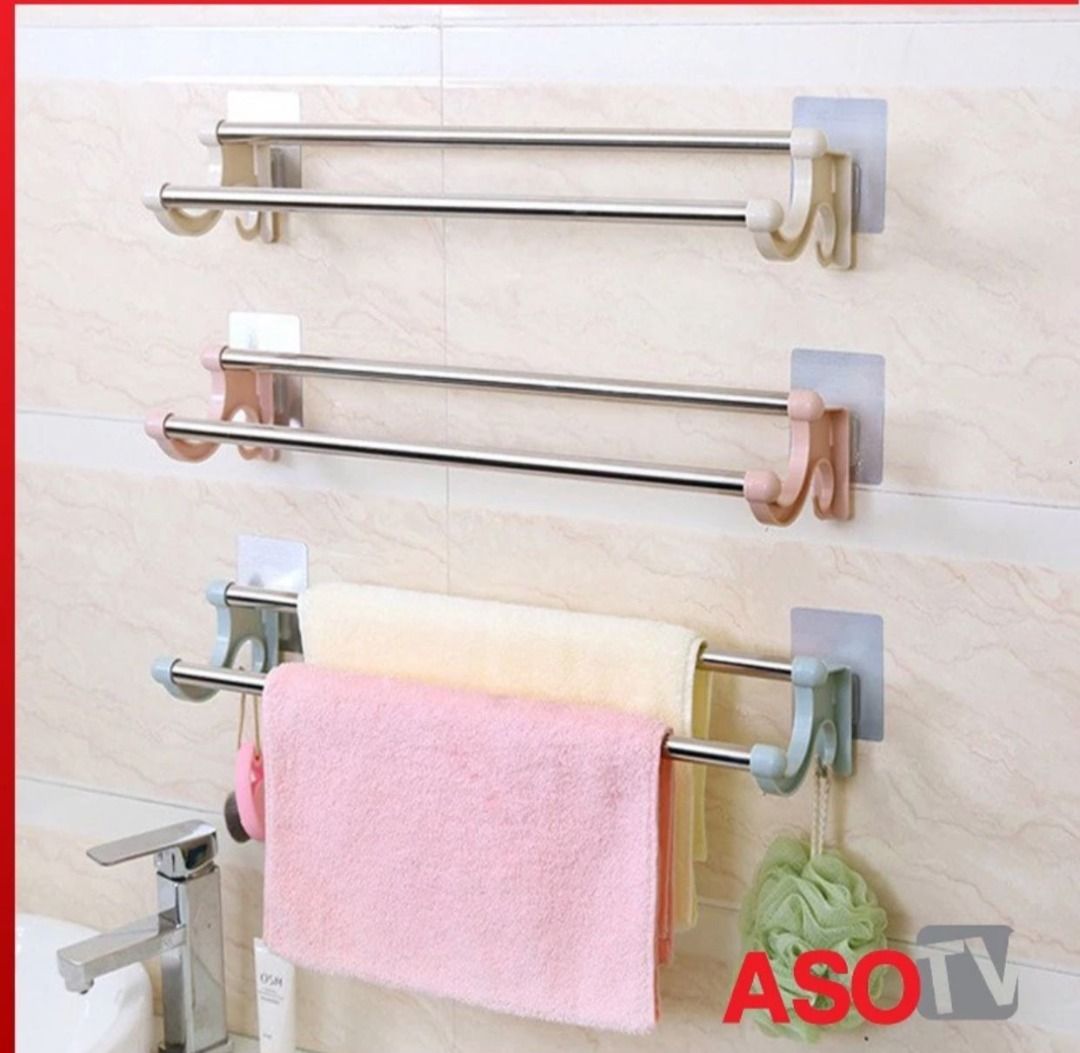 ASOTV 55cm Extra Long Double Pole Bathroom Towel Rack Stainless Steel No Nail 1079 Towel Rack Towel Hanger Towel Bar