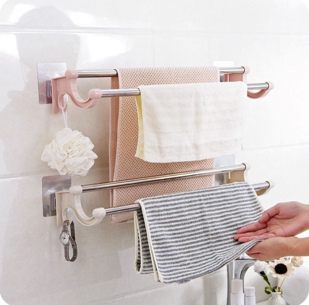 ASOTV 55cm Extra Long Double Pole Bathroom Towel Rack Stainless Steel No Nail 1079 Towel Rack Towel Hanger Towel Bar Furniture Home Living Bedding Towels on Carousell