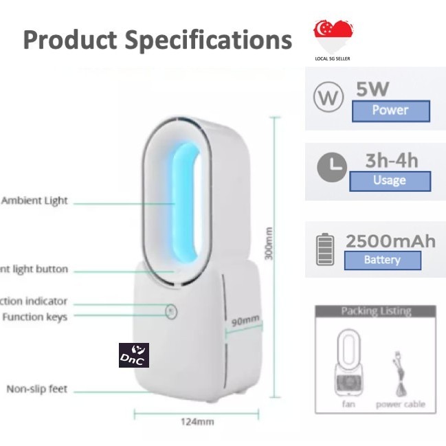 Bladeless Fan Table & Bedside Fan No Blade Fan Portable with Ambient