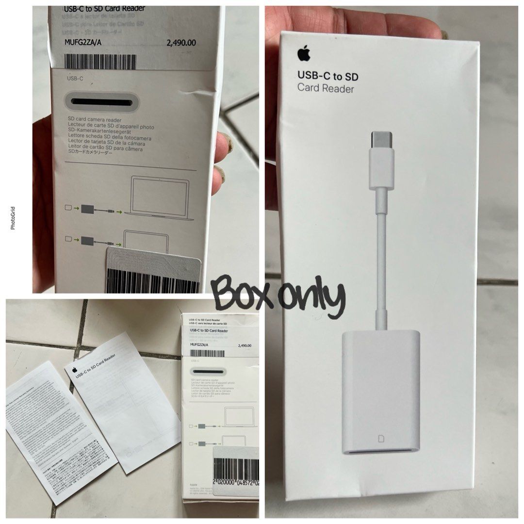 Box of Apple Mac USB-C to SD Card READER (Category: Other Accessories) located in Paranaque City. Submitted by crew08 (Listing ID 1237139114, Image 1). Description: Box only. See inclusions in the photos..