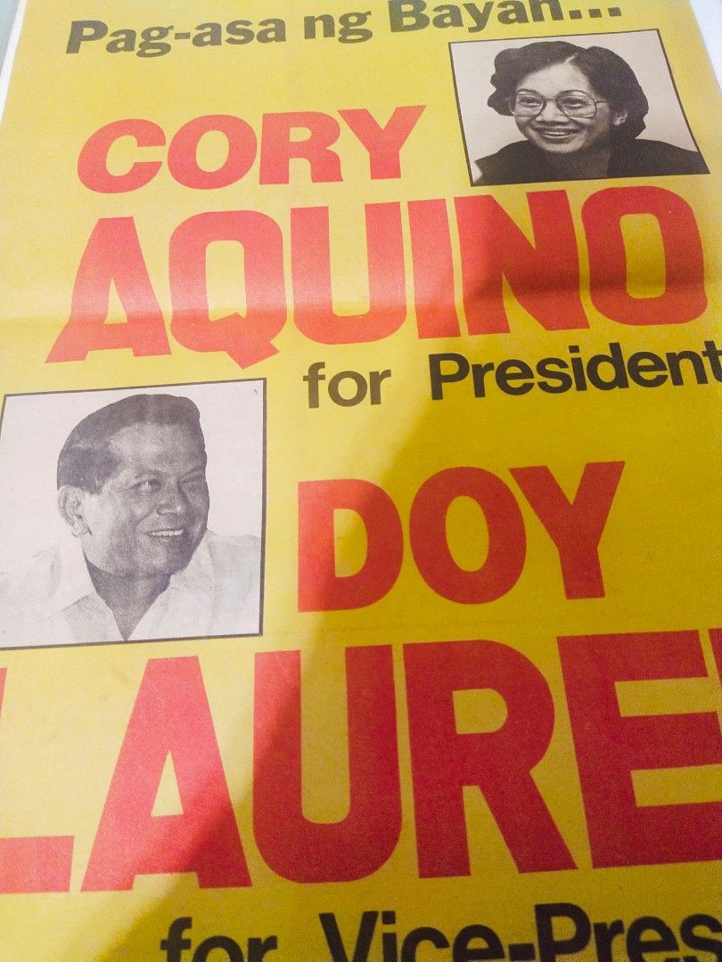 CORY & DOY Original Campaign Poster/1986/Extremely-RARE! (Category: Vintage Collectibles) located in Del Monte. Submitted by zurckram777 (Listing ID 1260921491, Image 3). Description: ORIGINAL campaign poster of CORY (Aquino) and DOY (Laurel). This newsprint poster was made especially for the so-called "Snap Elections" scheduled for Feb.7, 1986. (We all know who won and the controversies following it). Measures 16 by 12 inches. Has signs of age-i