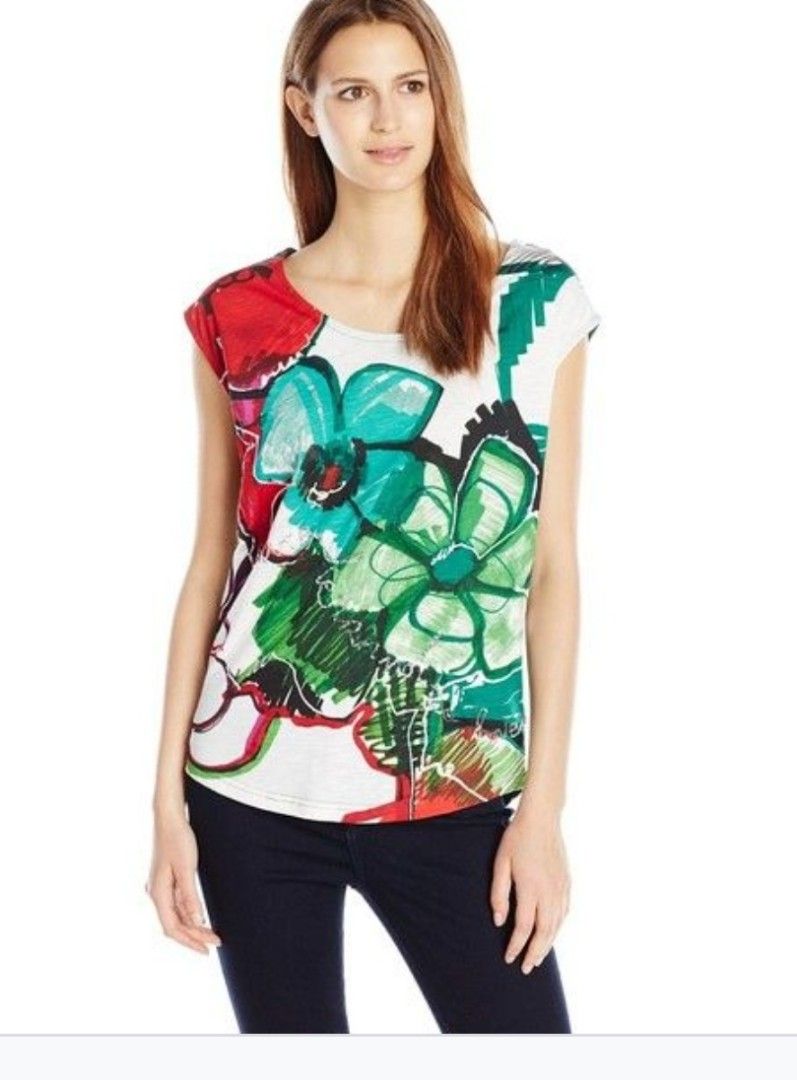 Blouse Desigual Imprimée Rose Rouge Noir - Taille M - Mousseline Polyester - Manches Bouffantes