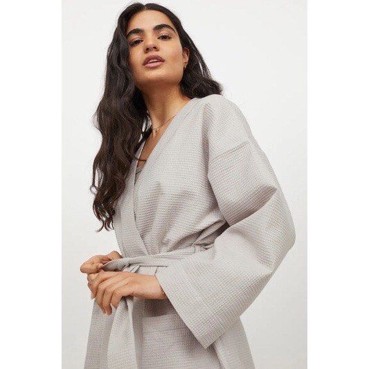 H M Pastel Waffle Bathrobe Light Taupe Women s Fashion New