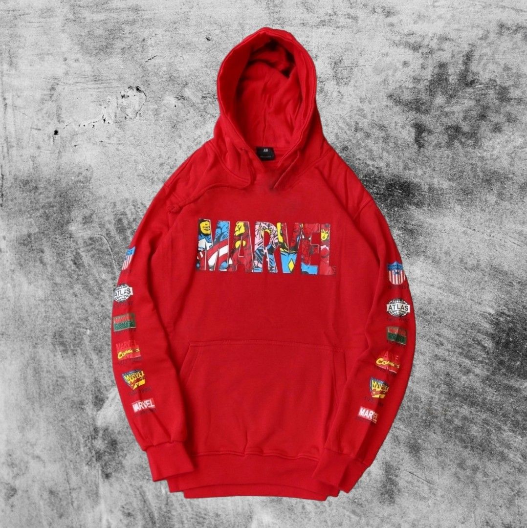 Hoodie H M Marvel Merah Fesyen Pria Pakaian Baju Luaran di Carousell