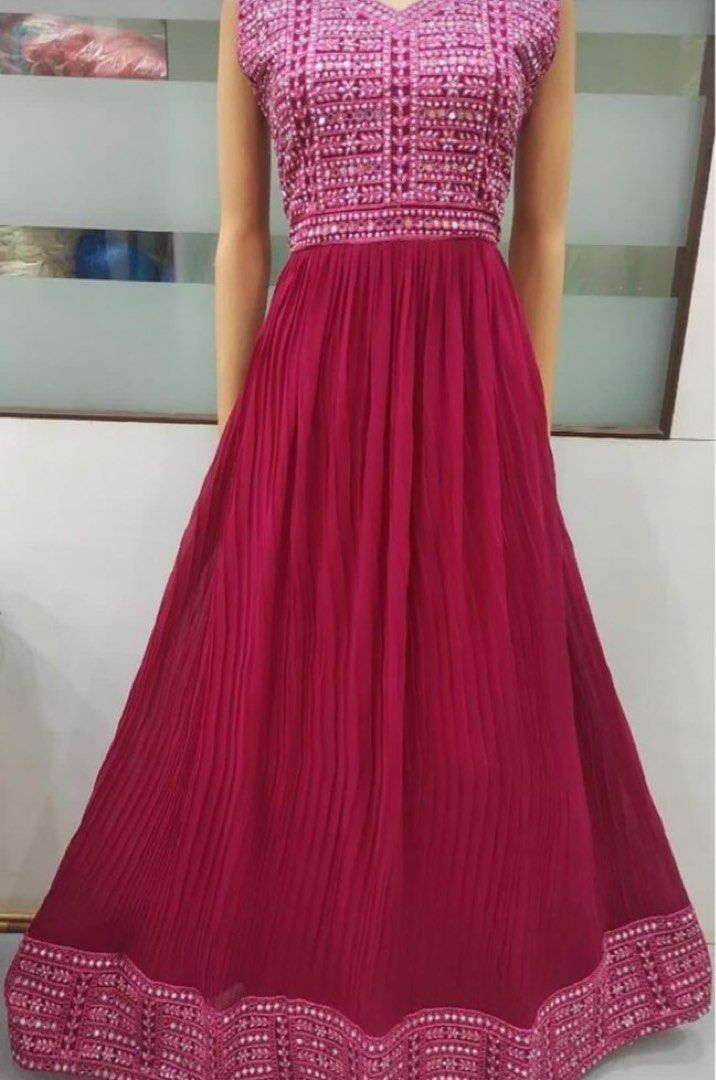 Majenta mirror work and embroidery long dress anarkali suit