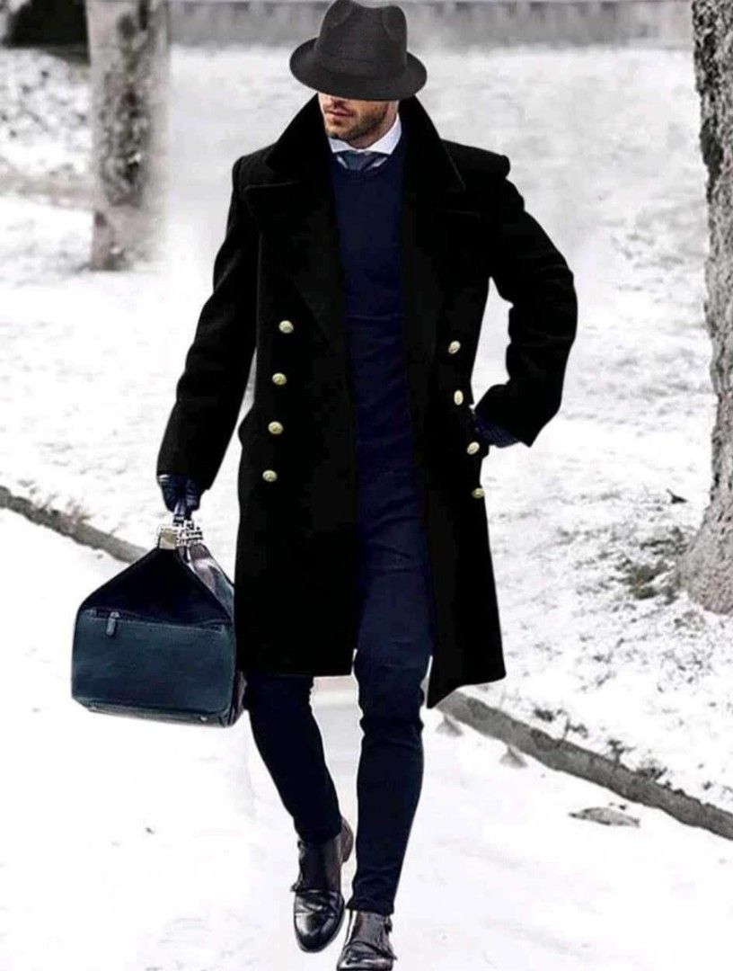 Mens black double best sale breasted overcoat