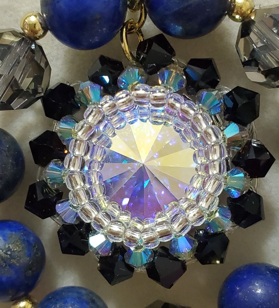 Natural Lapis Lazuli 8mm Beads with Swarovski Crystals Bag Charm Keychain