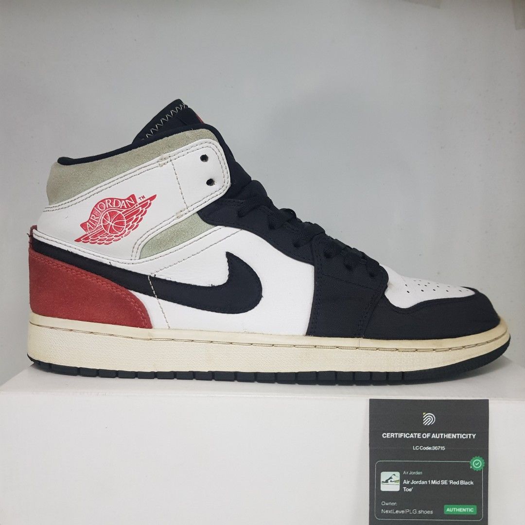 Nike Air Jordan 1 Mid Union 'Red Black Toe', Fesyen Pria, Sepatu