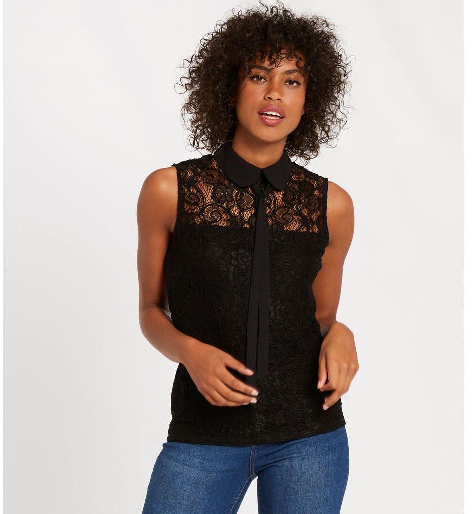 Peter Pan Collar Sleeveless Black Lace Top Women s Fashion Tops