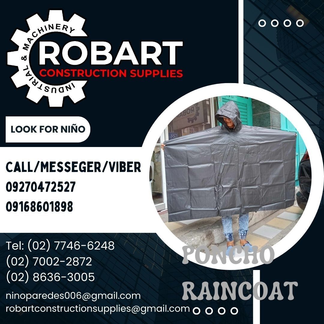 PONCHO RAINCOAT (Category: Construction Tools & Equipment) located in Manila. Submitted by ninoparede24925 (Listing ID 1260881275, Image 1). Description: PONCHO RAINCOAT Color: Black - - FOR INQUIRES: 𝓟𝓵𝓮𝓪𝓼𝓮 𝓬𝓪𝓵𝓵 :09270472527 09168601898 Look for:Niño Paredes Tel: (02) 7746-6248 (02) 7002-2872 (02) 8636-3005 ninoparedes006@gmail.com robartconstructionsupplies@gmai.com 𝑴𝒂𝒏𝒊𝒍𝒂 𝑶𝒇𝒇𝒊𝒄𝒆: 1405 𝒀𝒖𝒔𝒆𝒄𝒐 𝒔𝒕 𝑺𝒕𝒂 𝑪𝒓𝒖𝒛. 𝑴
