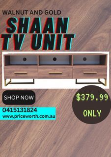 !SALE! BEAUTIFUL 3 DRAWER WALNUT AND GOLD TV UNIT!! $379.99 only