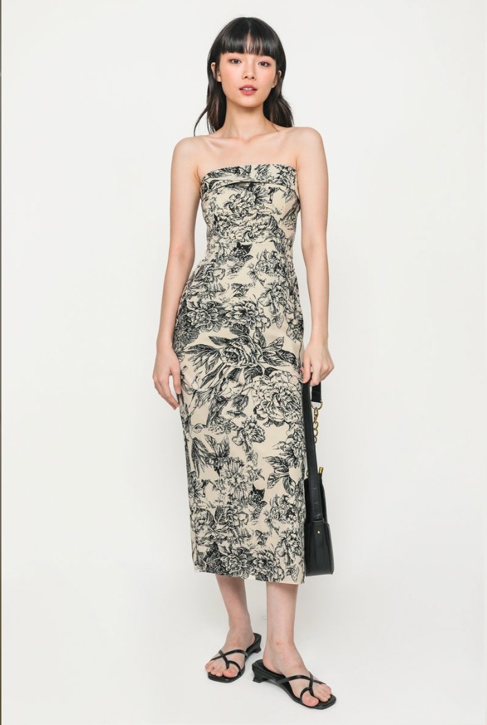 The Tinsel Rack TTR Lisse Tube Midi Dress (Black Botanical), Women's Fashion, Dresses & Sets