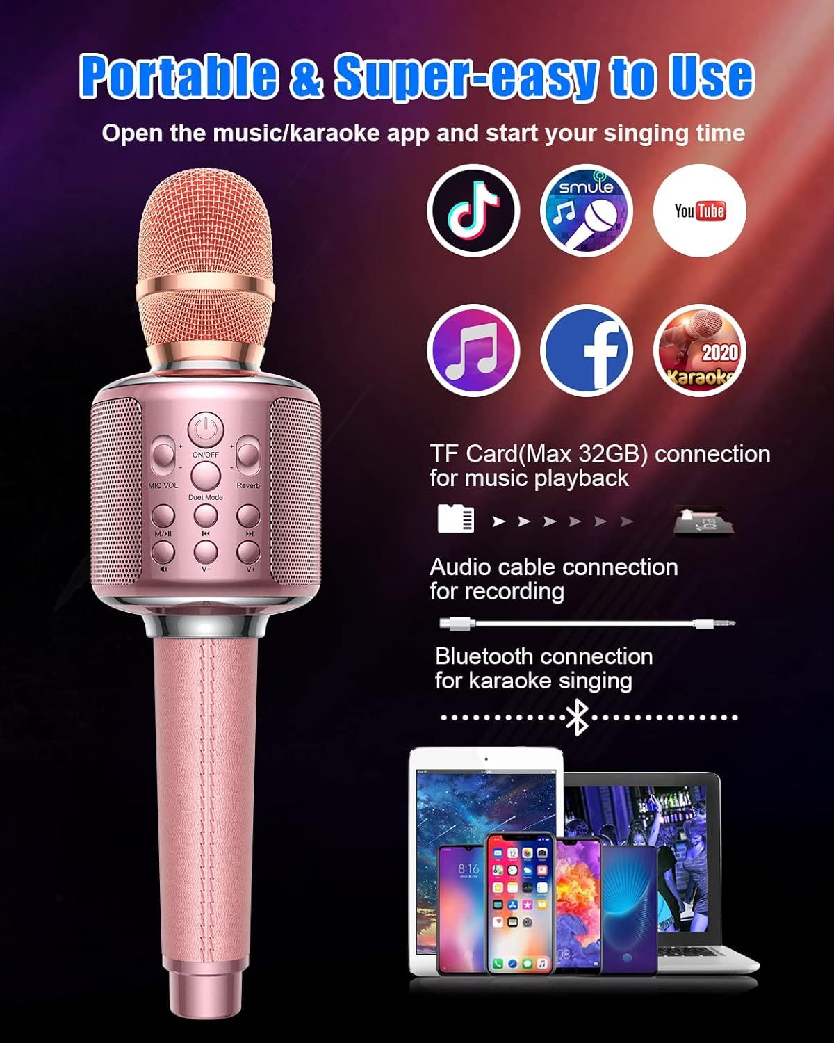 Wireless Bluetooth Karaoke Microphone,3-in-1 Portable Handheld karaoke Mic  Speaker Machine Christmas Birthday Home Party for Android/iPhone/PC or All