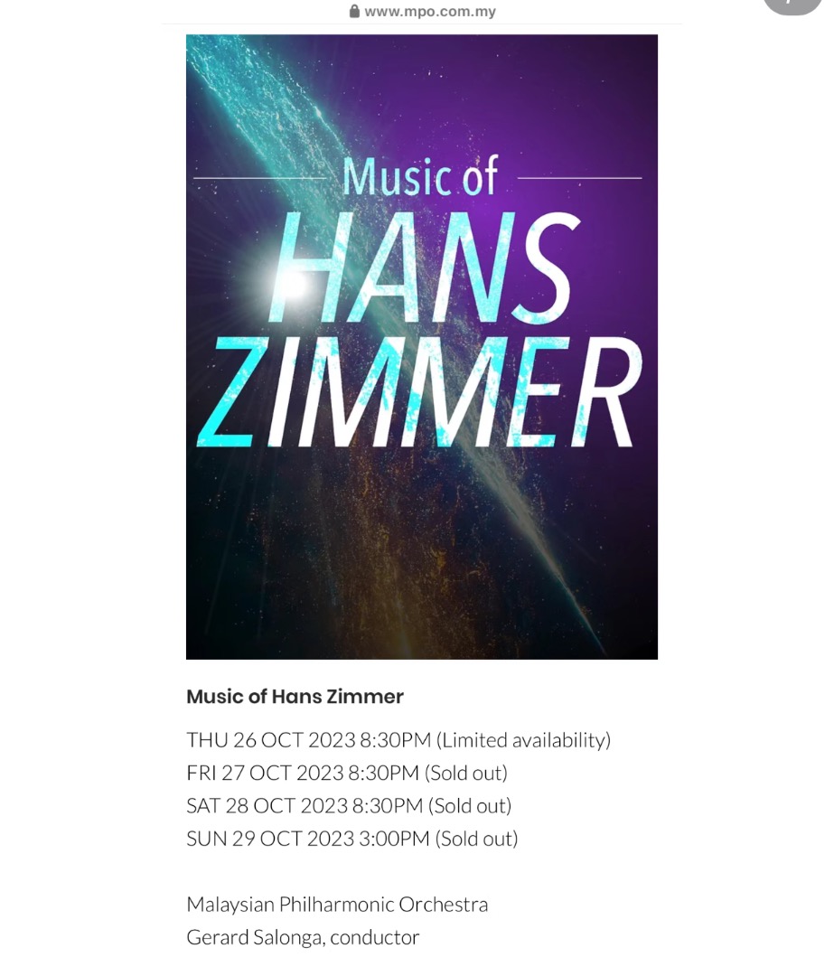 WTB hans zimmer ticket 26/10, Tickets & Vouchers, Event Tickets on Carousell