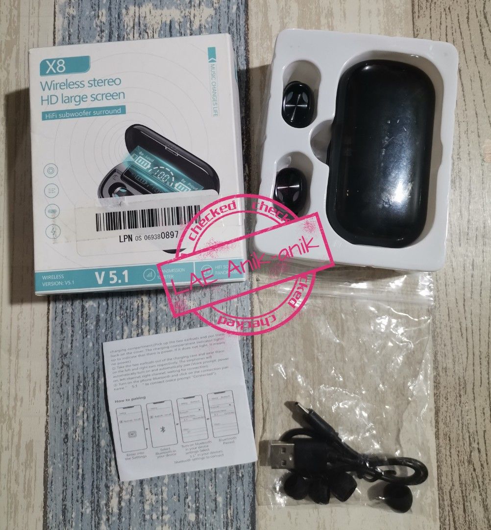 X8 Wireless Bluetooth headset (Category: Earphones) located in Taguig. Submitted by lae.onlineshop (Listing ID 1260868703, Image 1). Description: X8 Wireless Bluetooth headset 9D sound, HD voice, Waterproof, long battery Life TESTED WORKING Both earpiece and the charging case Includes: 1 charging case, 2 x earpieces, 1 x manual, 1 charging cable, 2 set x silicone ear covers ‼️1 DAY RESERVATION ONLY‼️ This item is from Japan Surplus so please limi
