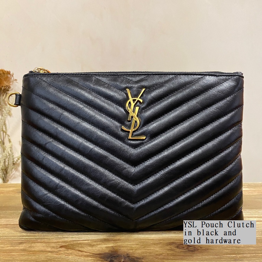 YSL Pouch Clutch in black and gold hardware, Luxury, Bags & Wallets on