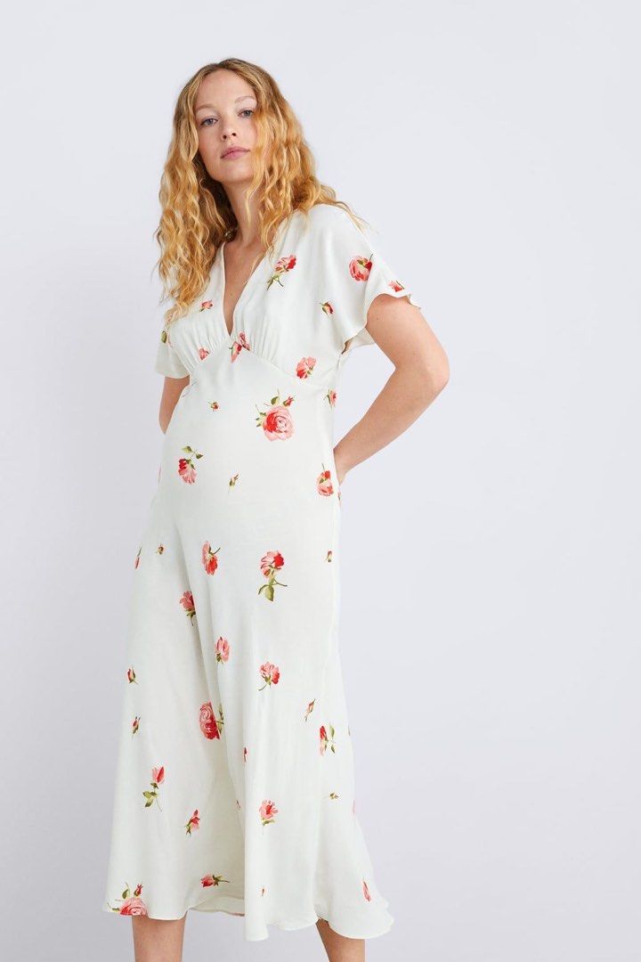Zara Floral Print Silky Texture Long Sleeve Button Front Shirt Maxi Dress