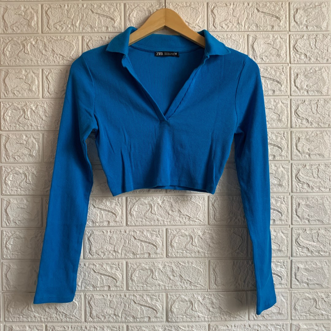 Zara Polo Ribbed Crop, Fesyen Wanita, Pakaian Wanita, Atasan di Carousell