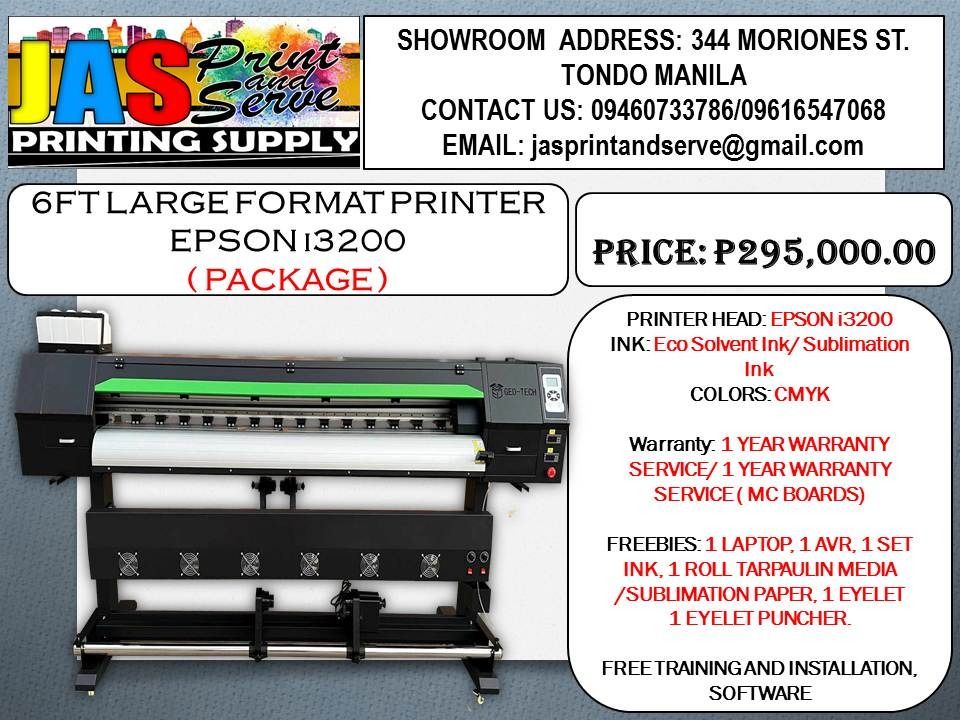 6ft STICKERS PRINTER MACHINE (i3200) (Category: Printers, Scanners & Copiers) located in Manila. Submitted by geraldhernandez7719 (Listing ID 1257866729, Image 1). Description: SUPPLIER HERE! WE ARE LEGIT SUPPLIER OF LARGE FORMAT PRINTER MACHINE Price Starts @ Php175,000 . . We are legit supplier of Brand New DX11, Dual Head DX11 & i3200 Tarpaulin Sublimation Printer Machine 6f and 10ft, Brand New Laser Cutter and Brand New Cutter Plotter, Brand 