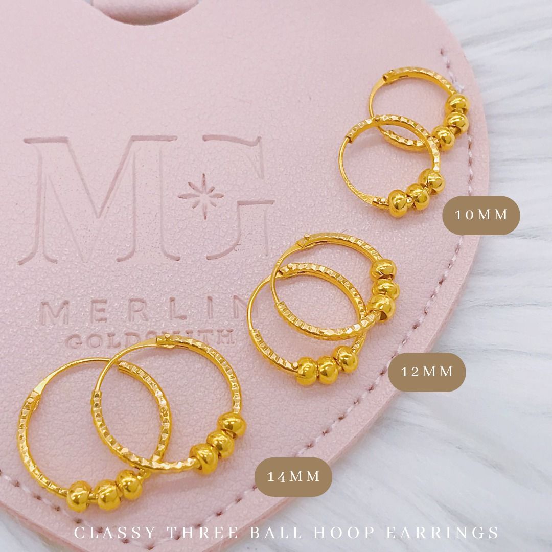 916 Gold Classy Three Ball Hoop Earrings 10mm 12mm 14mm