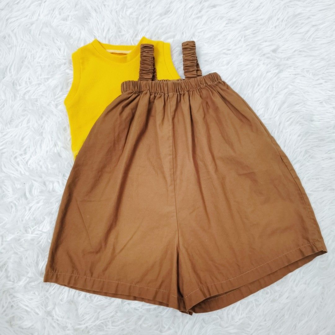 baby girl 2 pcs set yellow inner + brown jumpsuit, Babies & Kids