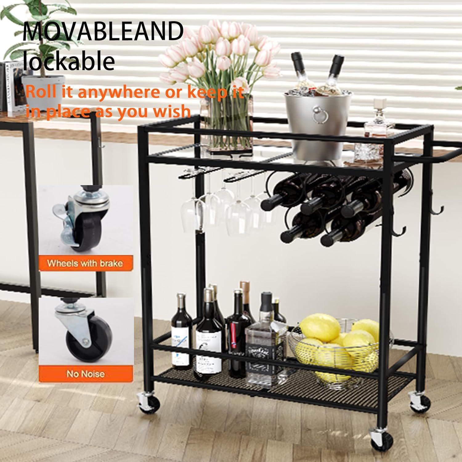 Bar Cart 2 Tier Kitchen Cart with Wine Rack and Glass Holder Black Serving Cart with