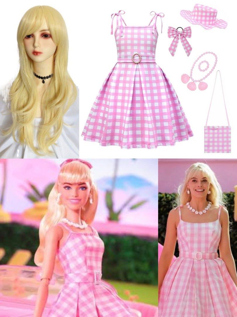 Barbie Cosplay Pink Checkered Dress Version for Kids Costume Wig Ribbon Necklace Bag Accessories Set for Halloween Birthday Party Photoshoots