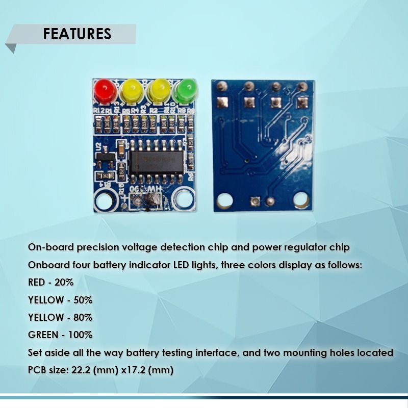 BATTERY LEVEL INDICATOR MODULE 12V XD-82B, 4-LED LIGHTS INDICATORS (Category: Construction Tools & Equipment) located in Quezon City. Submitted by besteinpc (Listing ID 1254502521, Image 2). Description: BATTERY LEVEL INDICATOR MODULE 12V XD-82B, 4-LED LIGHTS INDICATORS FEATURES: 👉On-board precision voltage detection chip and power regulator chip 👉Onboard four battery indicator LED lights, three colors display as follows: RED - 20% YELLOW - 50%