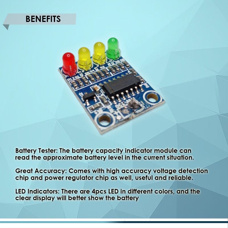 BATTERY LEVEL INDICATOR MODULE 12V XD-82B, 4-LED LIGHTS INDICATORS (Category: Construction Tools & Equipment) located in Quezon City. Submitted by besteinpc (Listing ID 1254502521, Image 3). Description: BATTERY LEVEL INDICATOR MODULE 12V XD-82B, 4-LED LIGHTS INDICATORS FEATURES: 👉On-board precision voltage detection chip and power regulator chip 👉Onboard four battery indicator LED lights, three colors display as follows: RED - 20% YELLOW - 50%