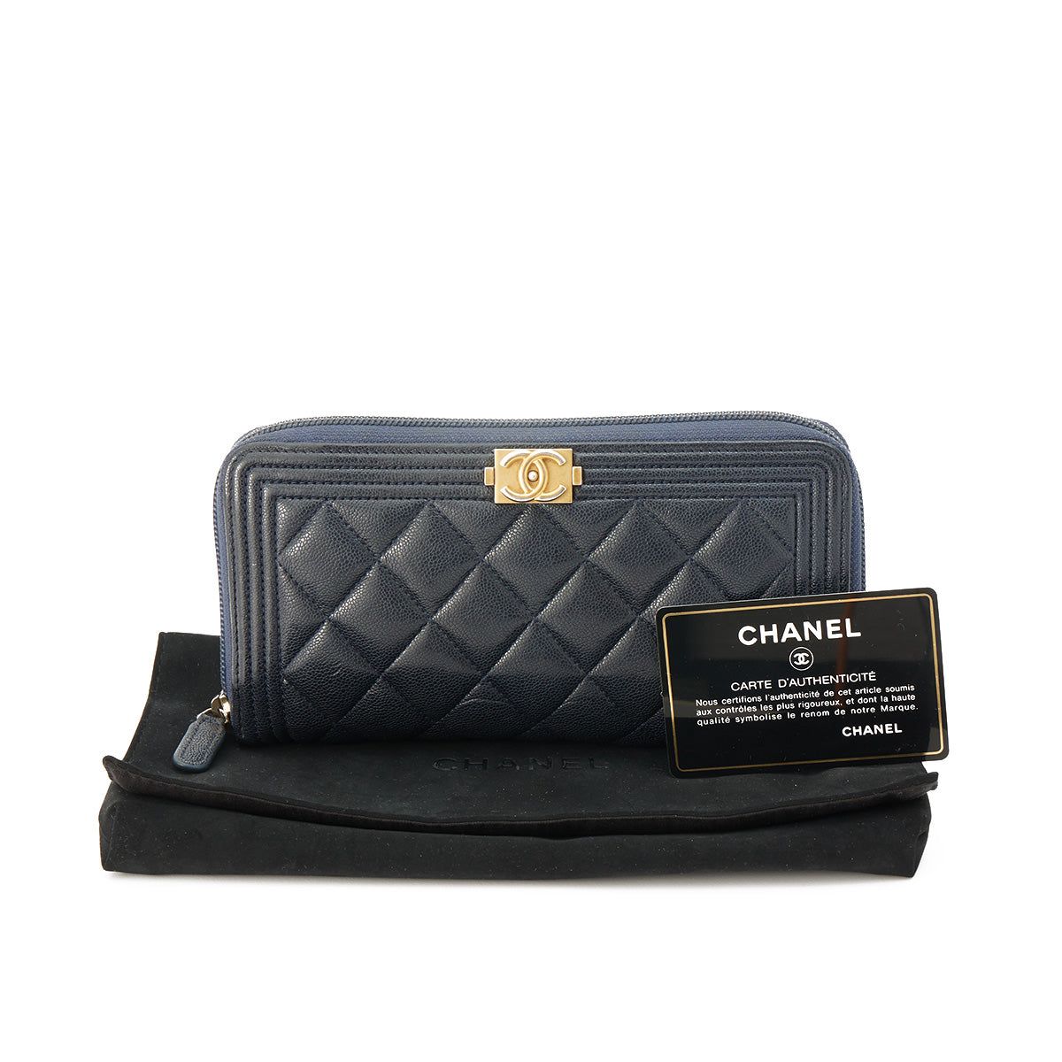 Chanel Boy Long Zip Wallet in Caviar Leather, Brushed Gold