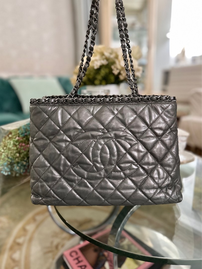 Chanel Grey Glazed Quilted Leather Chain Me Tote