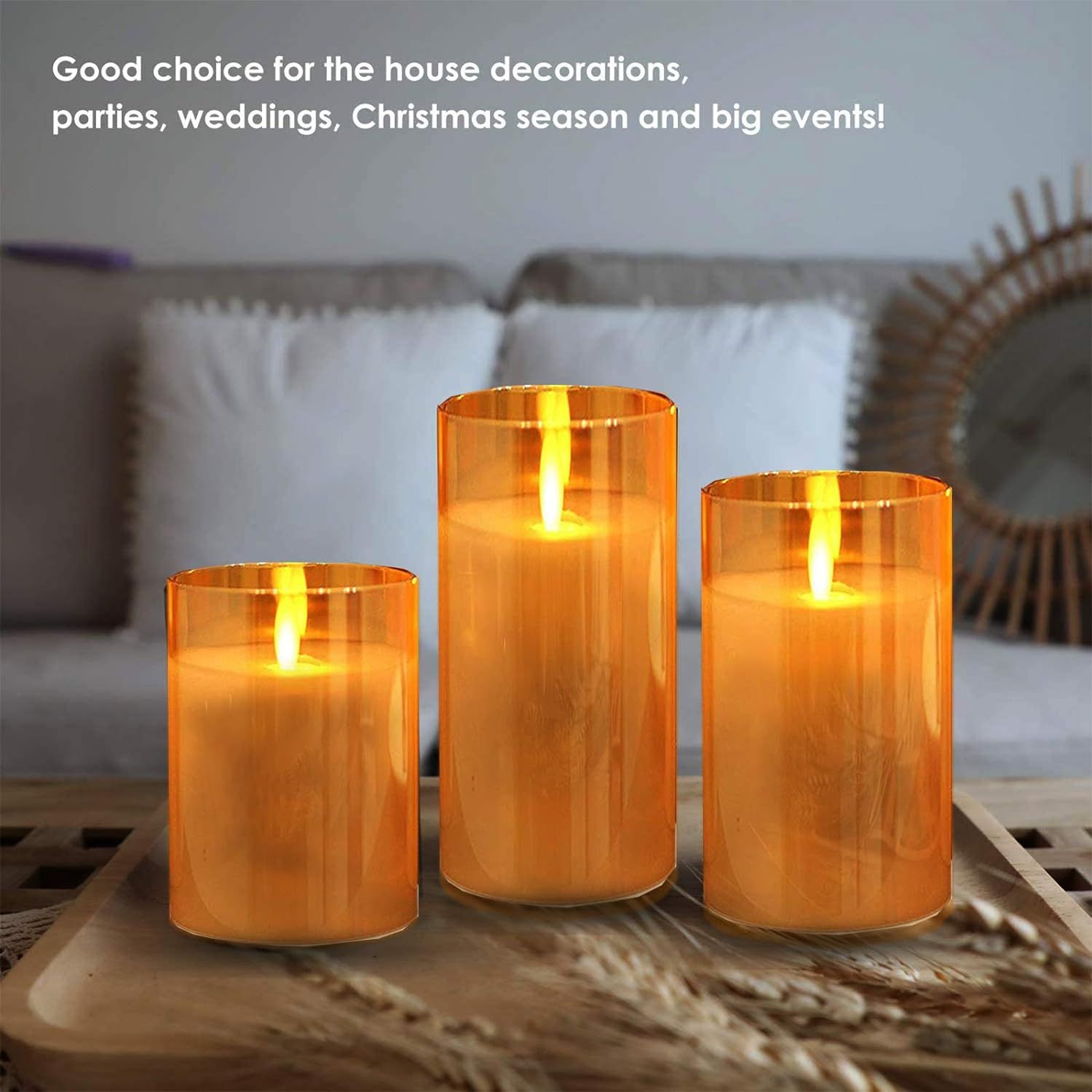 Goldprice Flameless Led Candles Flickering, Candle Real Wax Fake Wick Moving  Flame Faux Wickless Pillar Battery Operated Candles with Timer Remote Glass  Effect for Festival Wedding Home Party Decor (Gold), Furniture 