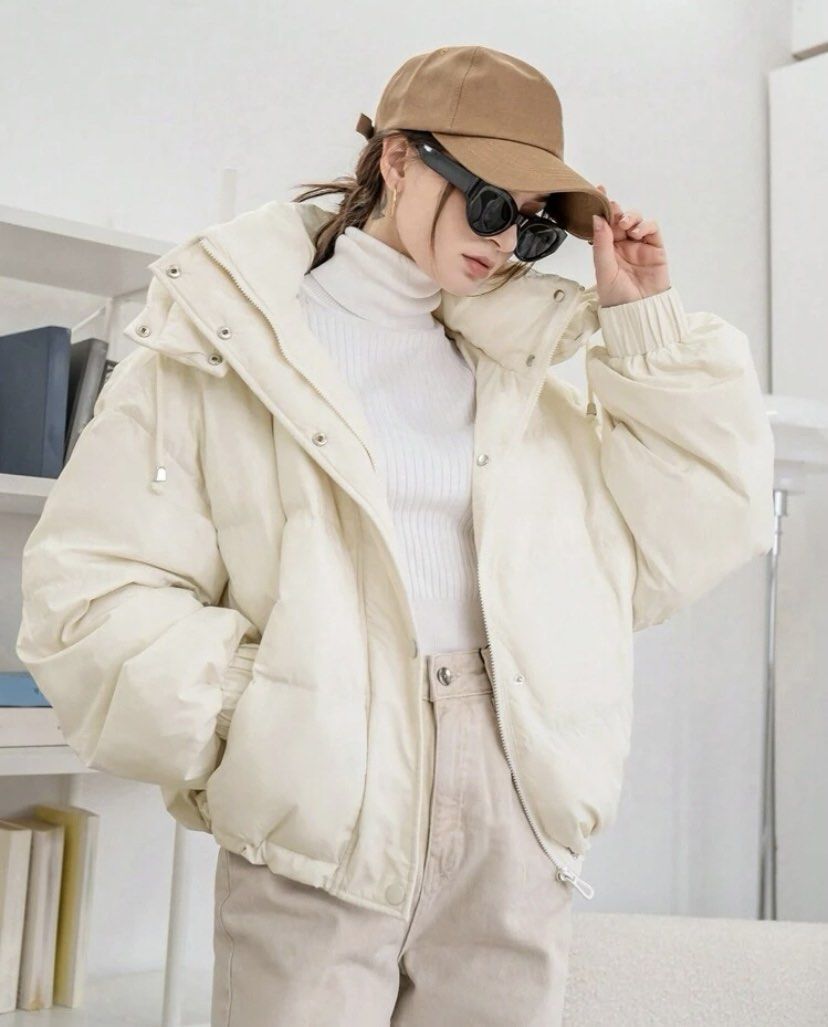 Hooded cream puffer jacket clearance