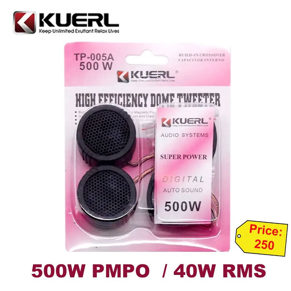 Kuerl TP-005A Tweeters (Category: Portable Audio Accessories) located in Quezon City. Submitted by victr2 (Listing ID 1257953250, Image 1). Description: Kuerl TP-005A Tweeters High power car speaker tweeter TP-005A silk dome tweeters for car audio Model: TP-005A Frequency Response: 2K-22KHZ Power: 40~500W Sensitivity: 92db Impedance: 4Ω Weight: 0.07KG Package Contents: 2pcs Kuerl Tweeters 2pcs Mount/Holders Price: 250 Item can be picked up at our