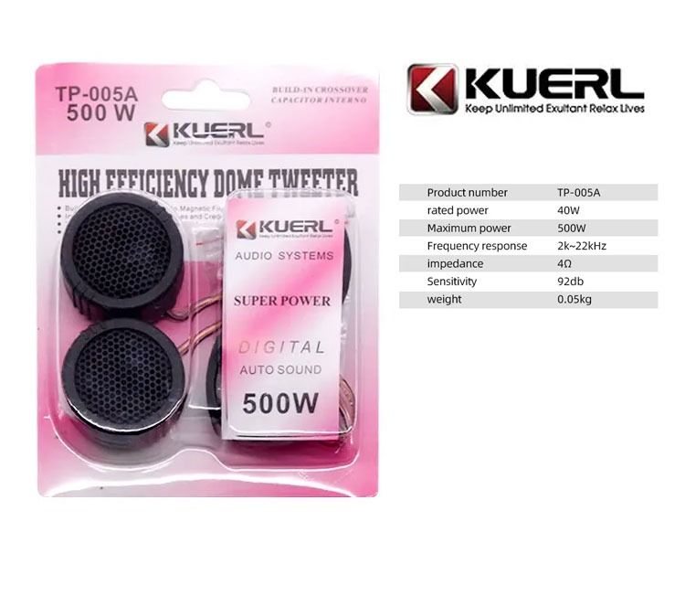 Kuerl TP-005A Tweeters (Category: Portable Audio Accessories) located in Quezon City. Submitted by victr2 (Listing ID 1257953250, Image 3). Description: Kuerl TP-005A Tweeters High power car speaker tweeter TP-005A silk dome tweeters for car audio Model: TP-005A Frequency Response: 2K-22KHZ Power: 40~500W Sensitivity: 92db Impedance: 4Ω Weight: 0.07KG Package Contents: 2pcs Kuerl Tweeters 2pcs Mount/Holders Price: 250 Item can be picked up at our