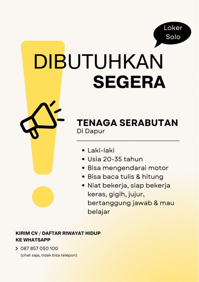 Lowongan Pekerjaan Solo, Pekerjaan, Full-time, Jasa Pelayanan dan F&B