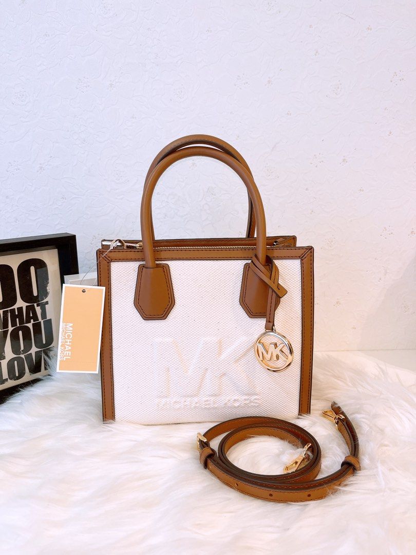 Michael Kors MK Mercer Medium Logo Embossed Cotton Canvas Handbag ...