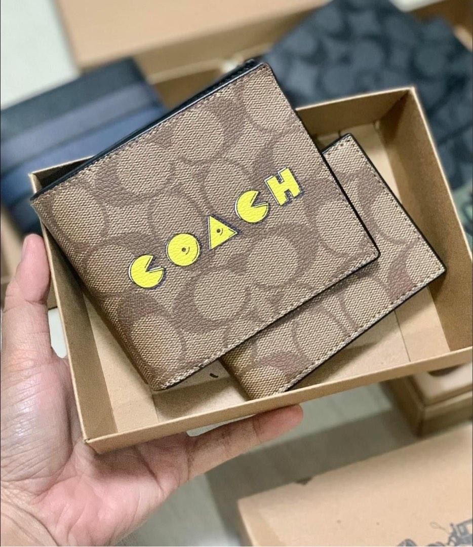 New Coach Original Billfold Wallet In Signature Canvas With Pacman Men Short Fold Men Wallet Come With Complete Set Suitable For Gift Have 2 Colors
