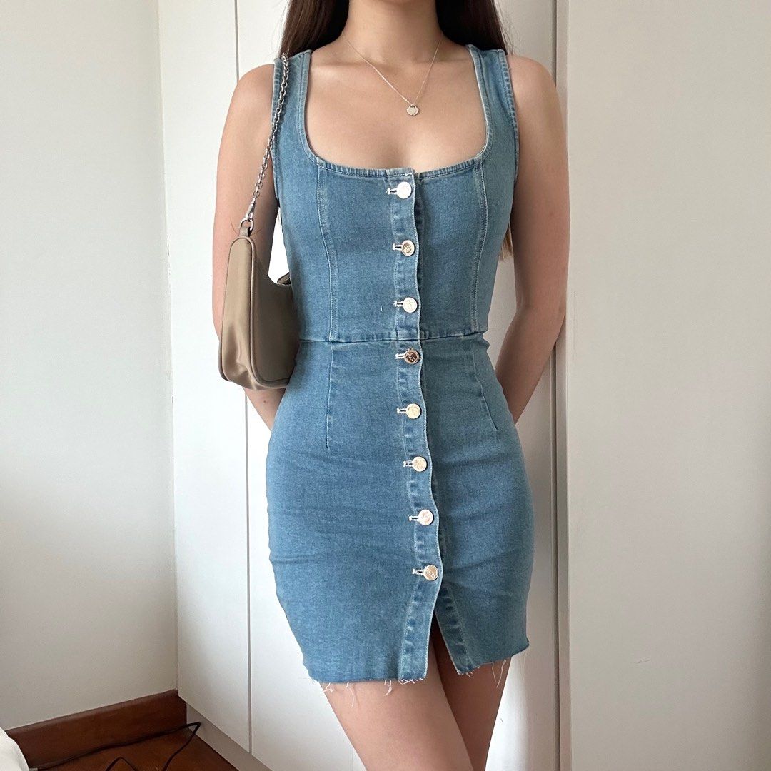 oh polly cutting edge button up denim mini dress blue Women s