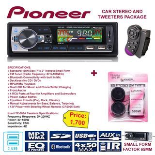 Pioneer BT Car Stereo 1DIN FM USB with Kuerl Tweeters Package