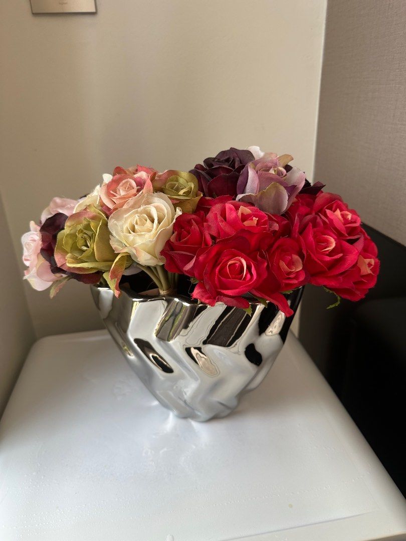 Silver flower vase with roses, Hobbies & Toys, Stationery & Craft
