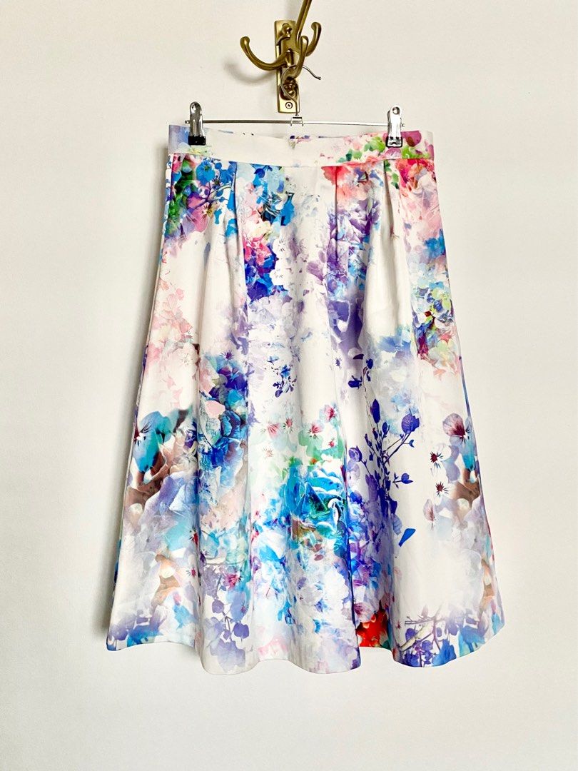 Size 10 OASIS midi skirt white blue pink fit and flare 38 medium