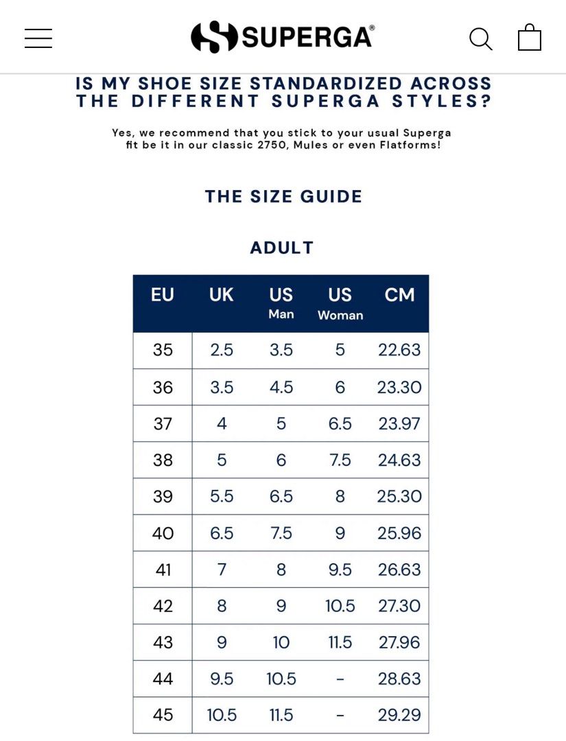 Size chart superga sales