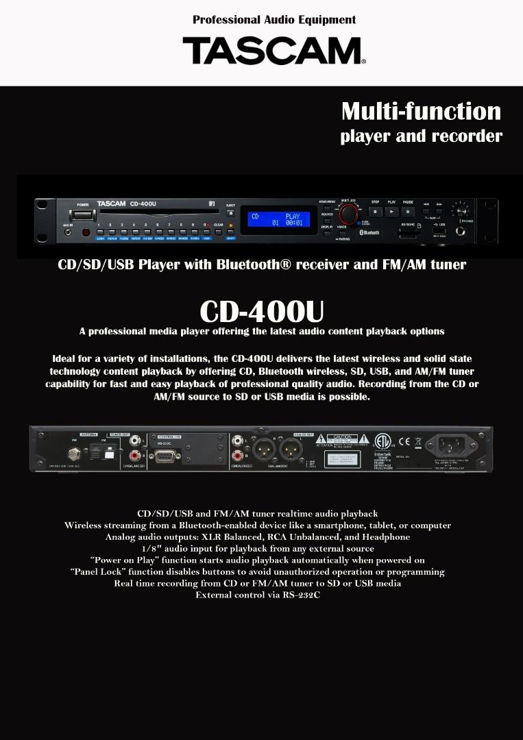 Tascam CD400U AM/FM/ CD/ SD/USB/Bluetooth player and recorder, TV