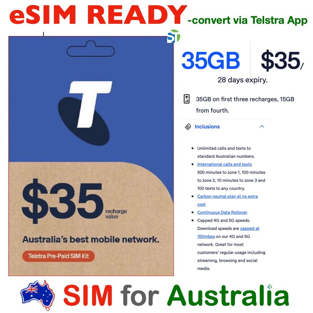 Telstra Prepaid eSIM SIM Card Australia 35GB Data Mobile Roam Best Tasmania Melbourne Perth